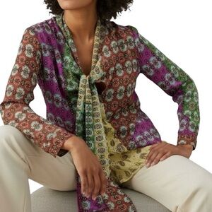 Zara Zodiac Multi-Color Patchwork Chiffon Blouse Bead Tassel Neck Tie Large